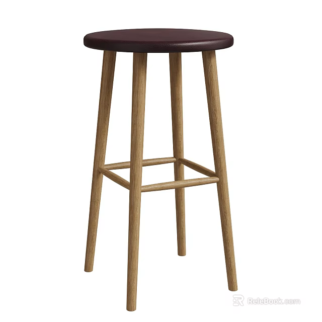 Wooden Bar Stool With Dark Round Seat And Sturdy Crossbar Support Legs 3d model 