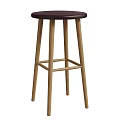 Wooden Bar Stool With Dark Round Seat And Sturdy Crossbar Support Legs