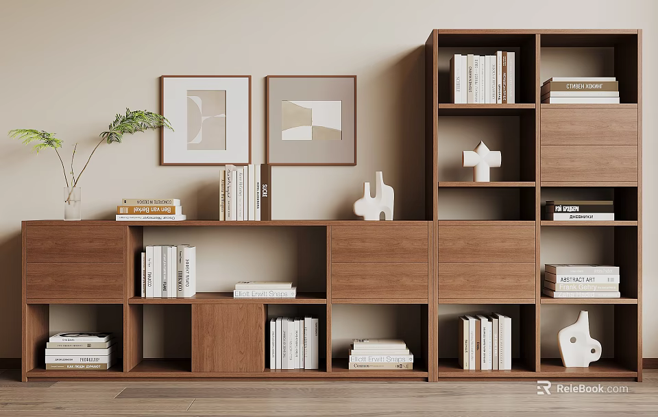 Modern Wooden Bookcase With Stacked Books Decorative Sculptures Framed Abstract Art And Green Plant 3d model 