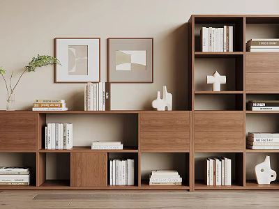 Modern Wooden Bookcase With Stacked Books Decorative Sculptures Framed Abstract Art And Green Plant 3d model