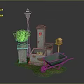 Outdoor Garden Decorative Elements With Street Lamp Flower Pot Fountain Birdhouse And Wheelbarrow