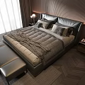 Modern Bedroom Interior With Double Bed Leather Headboard Herringbone Floor And Bedside Lamps