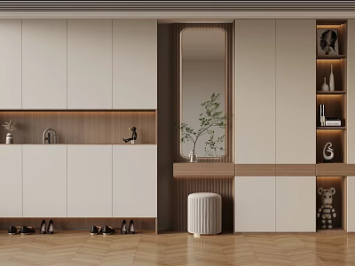 Elegant Modern Entrance Hall With White Shoe Cabinets Mirror Plant Stool And Wooden Floor 3d model