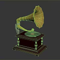 Vintage Gramophone Design With Golden Horn Turntable And Wooden Base