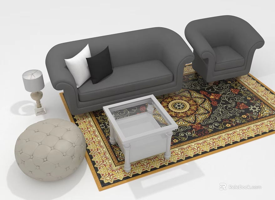 Modern Living Room Furniture With Gray Sofa Armchair Coffee Table And Patterned Rug 3d model 