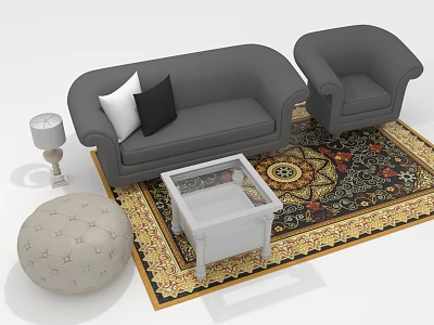 Modern Living Room Furniture With Gray Sofa Armchair Coffee Table And Patterned Rug 3d model