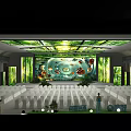 Indoor Event Venue With Green Decor Large Screen White Seats And Blue Dress Figure