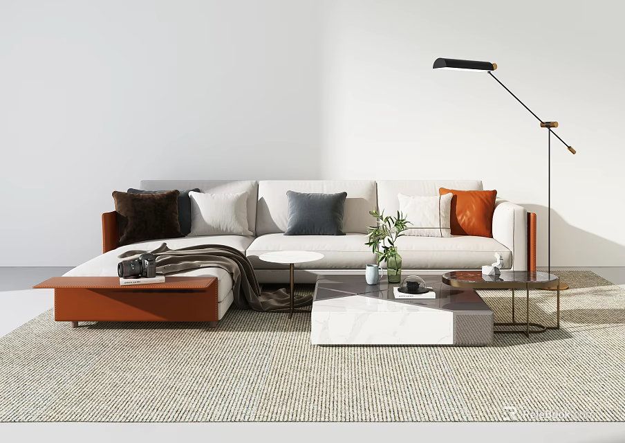Modern Sofa And Coffee Table Set With Accent Pillows Marble Top And Floor Lamp 3d model 