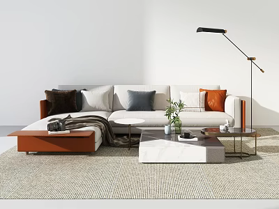 Modern Sofa And Coffee Table Set With Accent Pillows Marble Top And Floor Lamp 3d model