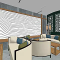 Hotel Public Lounge Interior With Beige Sofas Carved Screens Wavy Wall Decor And Gray Flooring