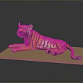 Yellow Black Striped Tiger Model Lying On Light Colored Platform With Gray Background