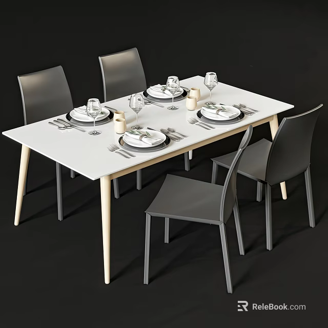 White Dining Table Set With Gray Chairs Plates Glasses And Candles 3d model