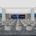 Modern Spacious Conference Room With Arranged Chairs Large Screen Decorative Paintings And Recessed Lighting