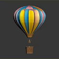 Vibrant Colorful Hot Air Balloon With Pink Blue Yellow Green Stripes And Brown Basket