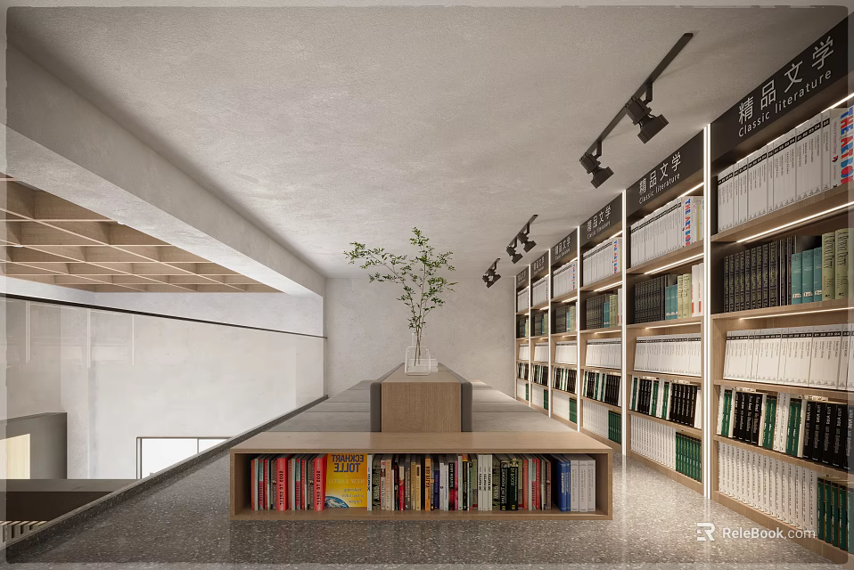 Book Art Inspired Modern Library Interior With Shelves Books Green Plant And Spotlights 3d model 