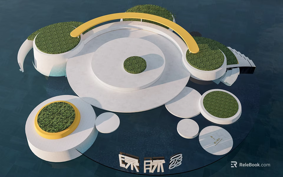 Modern Park Landscape With Circular Platforms Green Lawns And Yellow Curved Structure 3d model 