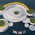 Modern Park Landscape With Circular Platforms Green Lawns And Yellow Curved Structure