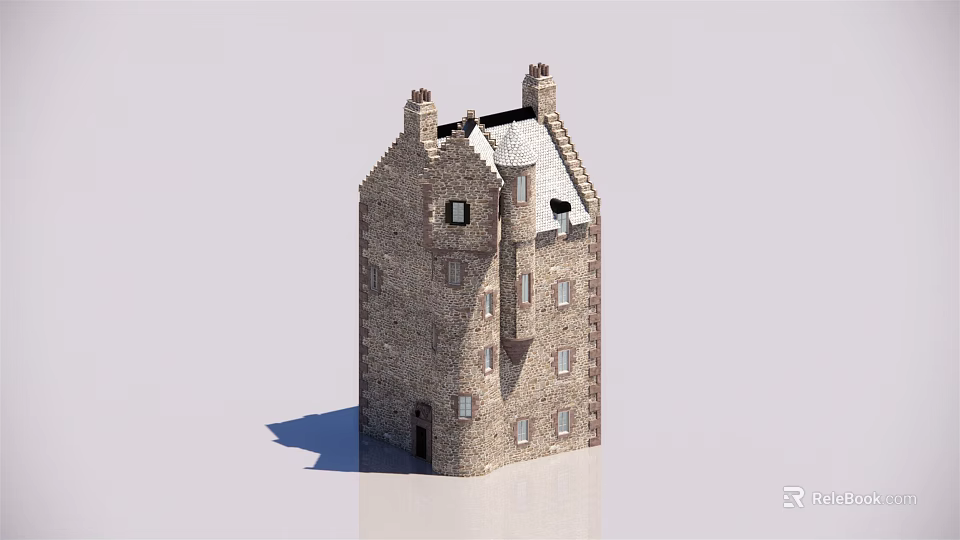 Ancient Historic Stone Tower Building With Pointed Roof Chimney And Windows 3d model 