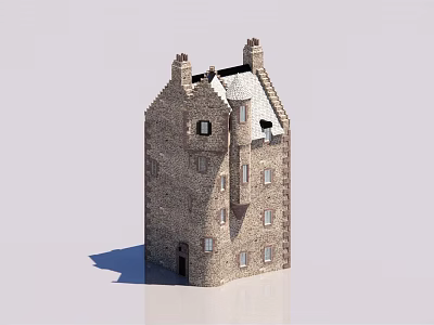 Ancient Historic Stone Tower Building With Pointed Roof Chimney And Windows 3d model