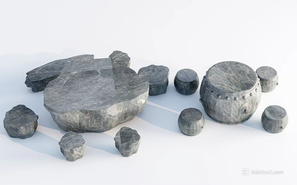 Natural Stone Round Table and Stool Set with Textured Surface in Rustic Design 3d model