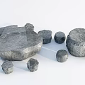 Natural Stone Round Table and Stool Set with Textured Surface in Rustic Design 3d model