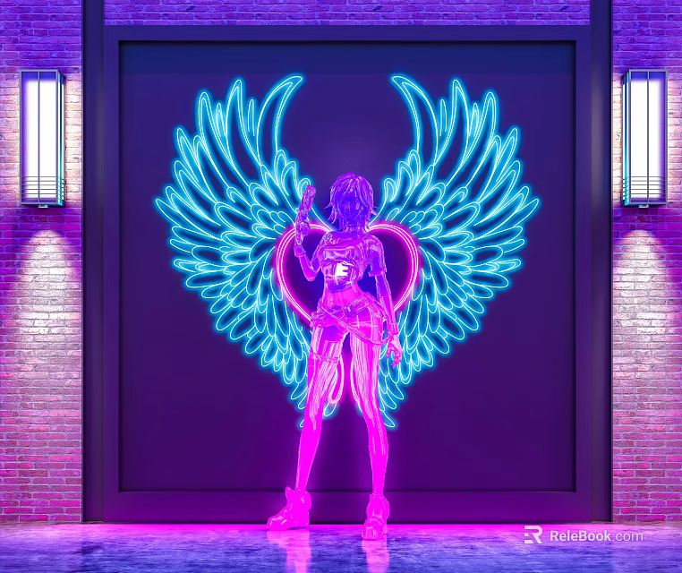 Neon Decorative Lights Featuring Winged Angel Figure Against Brick Wall With Side Wall Sconces 3d model 