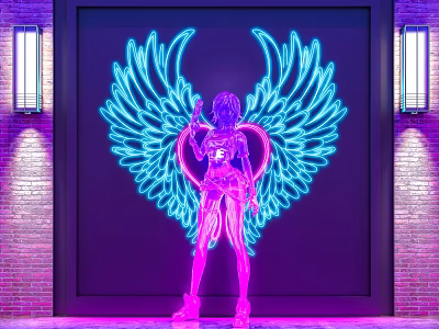 Neon Decorative Lights Featuring Winged Angel Figure Against Brick Wall With Side Wall Sconces 3d model