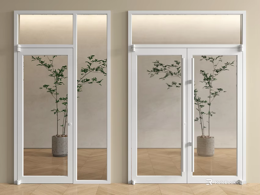 White Glass Swing Doors In Modern Interior With Wooden Floor And Plants 3d model 