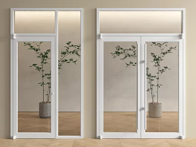 White Glass Swing Doors In Modern Interior With Wooden Floor And Plants 3d model