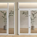 White Glass Swing Doors In Modern Interior With Wooden Floor And Plants