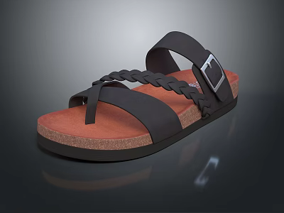 Black Strapped Braided Design Sandals With Metal Buckle And Brown Cork Sole 3d model
