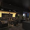 Modern Luxurious Bar Interior Design With Black Leather Sofas Plants And Pendant Lights 3d model