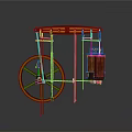 Vintage Mechanical Device With Large Wooden Wheel And Suspended Copper Containers On Metal Support Frame