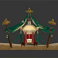 Elegant Traditional Tent Structure With Green Canopies Golden Ornaments Pillars And Blue Carpet