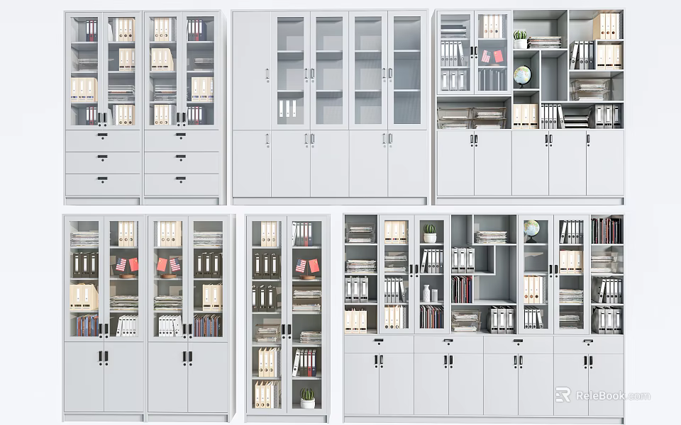 White Storage Cabinets With Glass Doors Drawers And Office Supplies On Shelves 3d model 