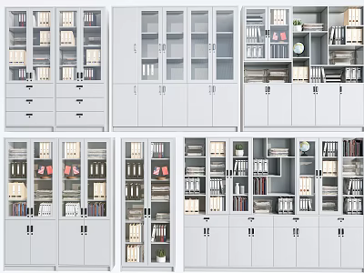 White Storage Cabinets With Glass Doors Drawers And Office Supplies On Shelves 3d model