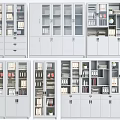 White Storage Cabinets With Glass Doors Drawers And Office Supplies On Shelves