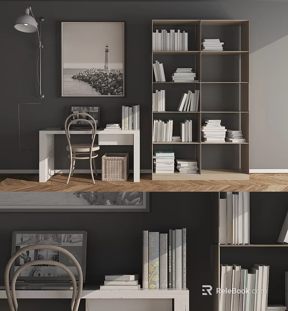 Modern Minimalist Bookshelf With Stacked Books Study Desk And Chair Interior 3d model 