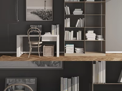 Modern Minimalist Bookshelf With Stacked Books Study Desk And Chair Interior 3d model