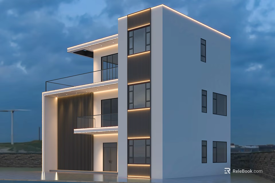 Modern Detached Villa Exterior With White Facade Black Window Frames And Light Strips 3d model 
