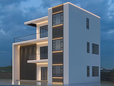 Modern Detached Villa Exterior With White Facade Black Window Frames And Light Strips 3d model