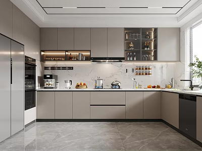 Modern Kitchen Interior With Gray Cabinets Countertop Stainless Steel Appliances And Natural Light 3d model