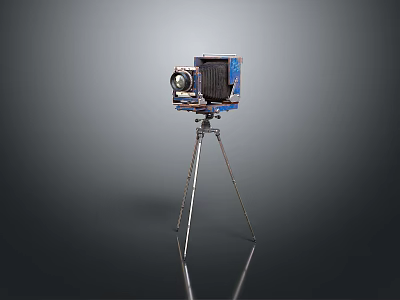 Vintage Electronic Camera With Blue Decorated Body On Metal Tripod Stand 3d model