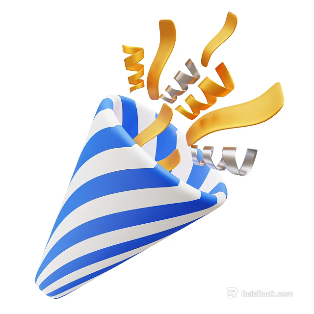 Decorative Ornament Set with Blue and White Striped Cone and Flying Gold Silver Streamers 3d model 