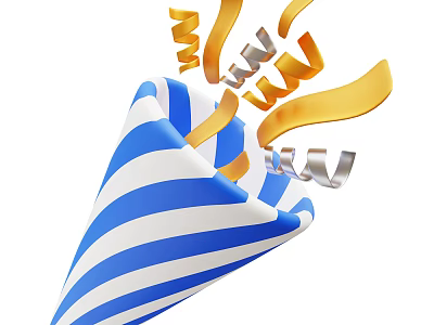 Decorative Ornament Set with Blue and White Striped Cone and Flying Gold Silver Streamers 3d model