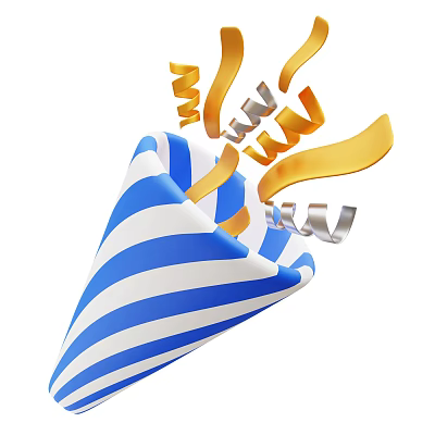 Decorative Ornament Set with Blue and White Striped Cone and Flying Gold Silver Streamers 3d model