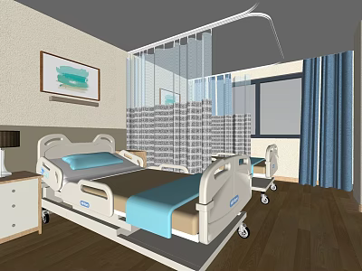 Hospital Room Interior With Medical Bed Nightstand Curtain And Wall Painting 3d model