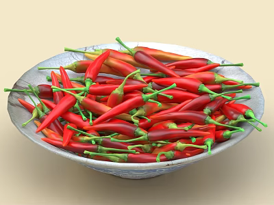 Red and Dark Red Chili Peppers in a Silver Bowl with Green Stems 3d model