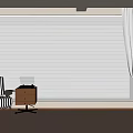 Beige Curtains With White Blinds In Bright Room Featuring Striped Chair Side Table And Laptop