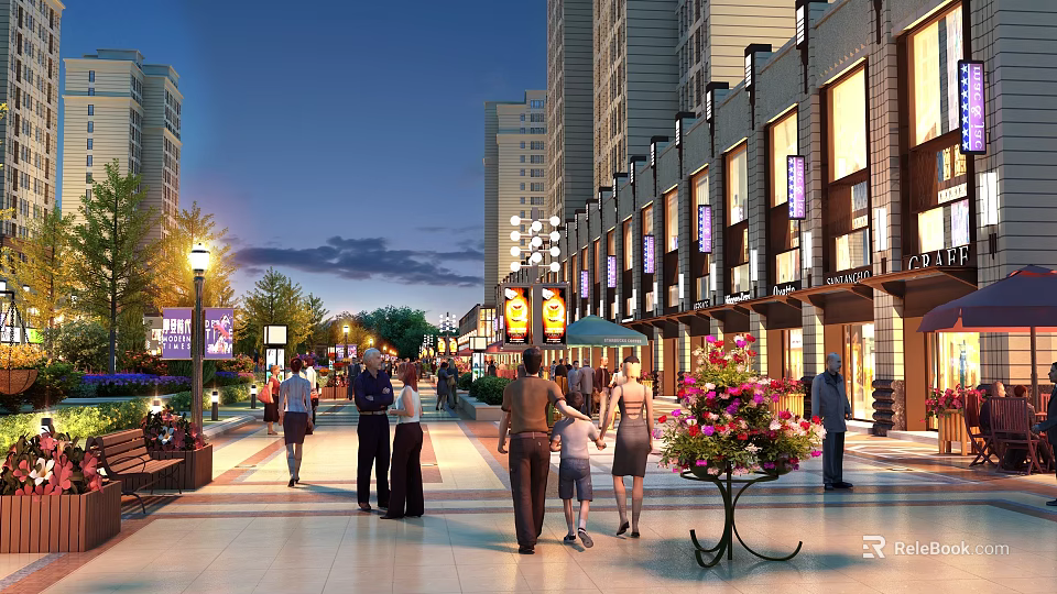 Bustling Evening Commercial Street with Pedestrians Tall Buildings Lit Shopfronts and Flower Arrangements 3d model 